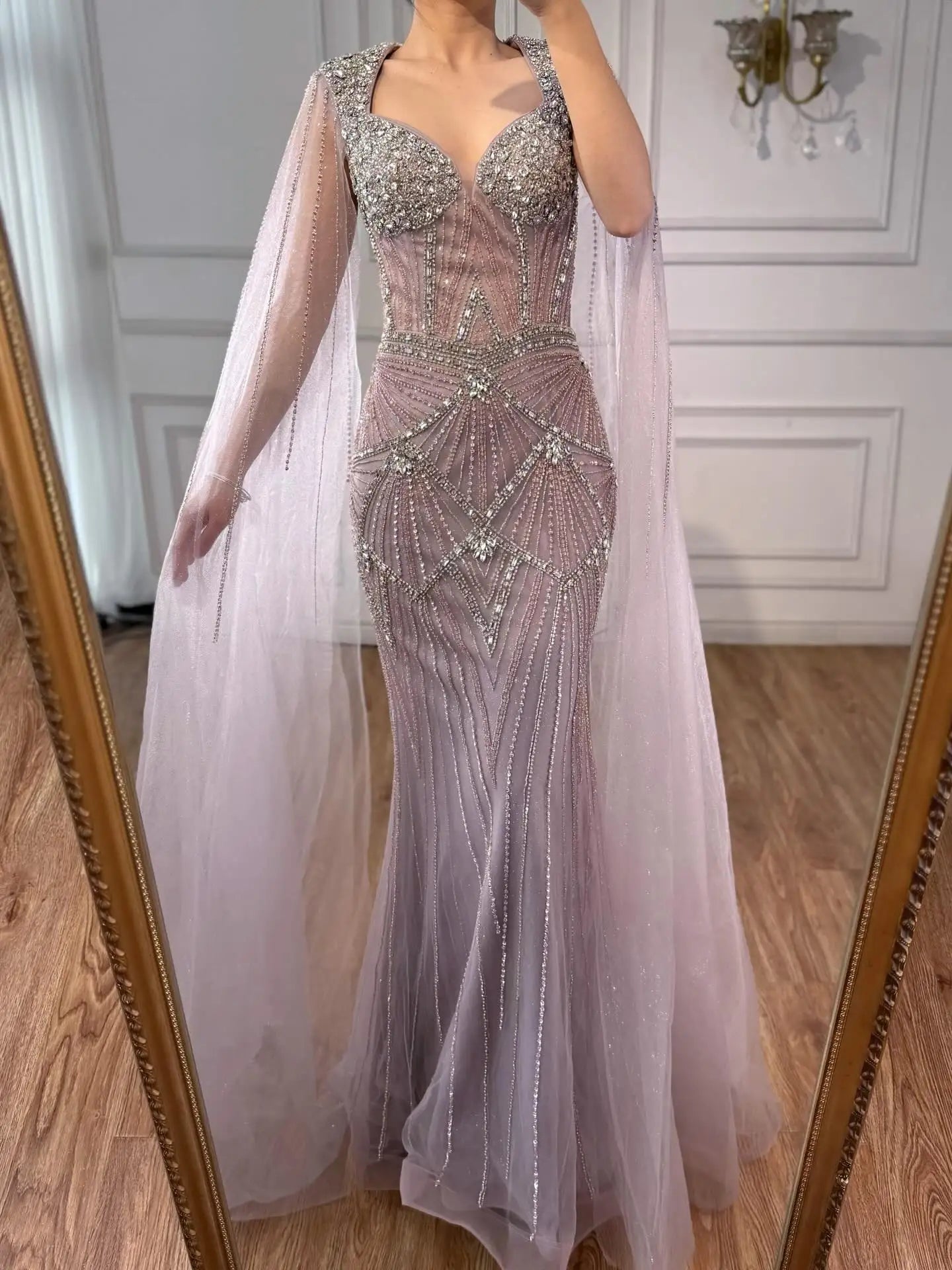 Luxury Dubai Pink Beaded Evening Dress With Cape LA73329 - SERENE HILL