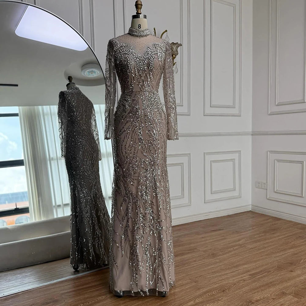 Luxury Silver Nude Beaded Mermaid Evening Dress LA73083 - SERENE HILL