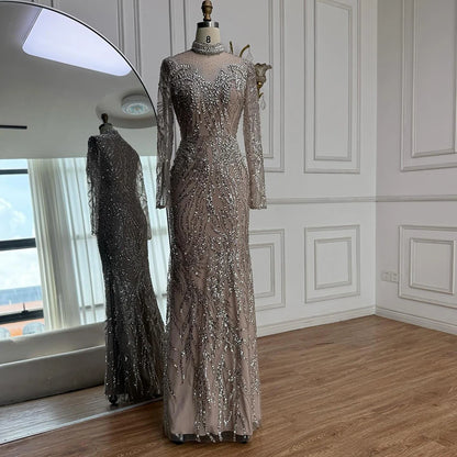 Luxury Silver Nude Beaded Mermaid Evening Dress LA73083 - SERENE HILL