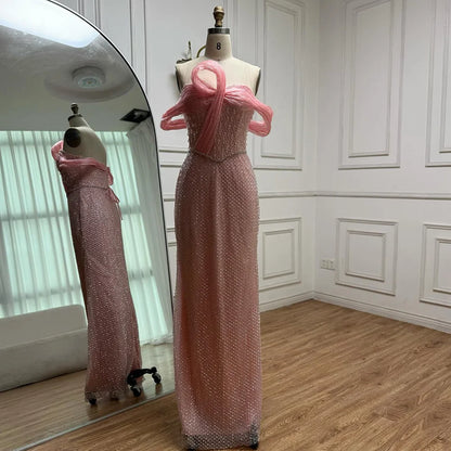 Luxury Pink Off Shoulder Mermaid Evening Dress with Bow LA73058 - SERENE HILL