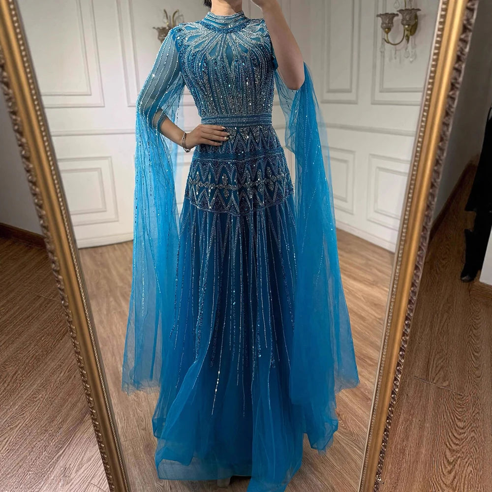 Luxury Arabic Blue Beaded Evening Dress with Cape Sleeves LA73187 - SERENE HILL