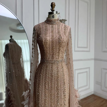 Elegant Rose Gold Evening Dress Featuring Feathered Cape Sleeves LA72947 - SERENE HILL