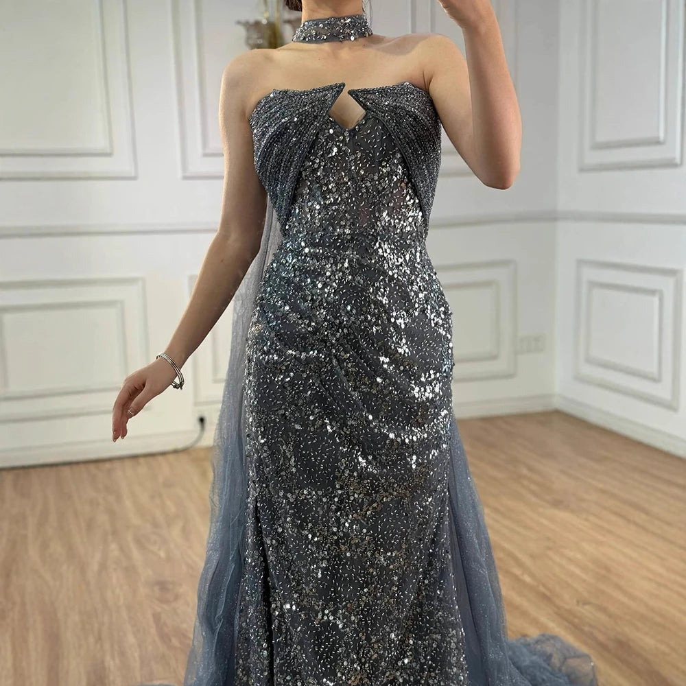 Luxury Gray Beaded Evening Dress with Long Cape LA73159 - SERENE HILL