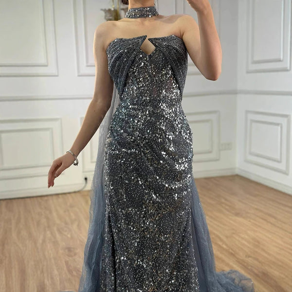 Luxury Gray Beaded Evening Dress with Long Cape LA73159