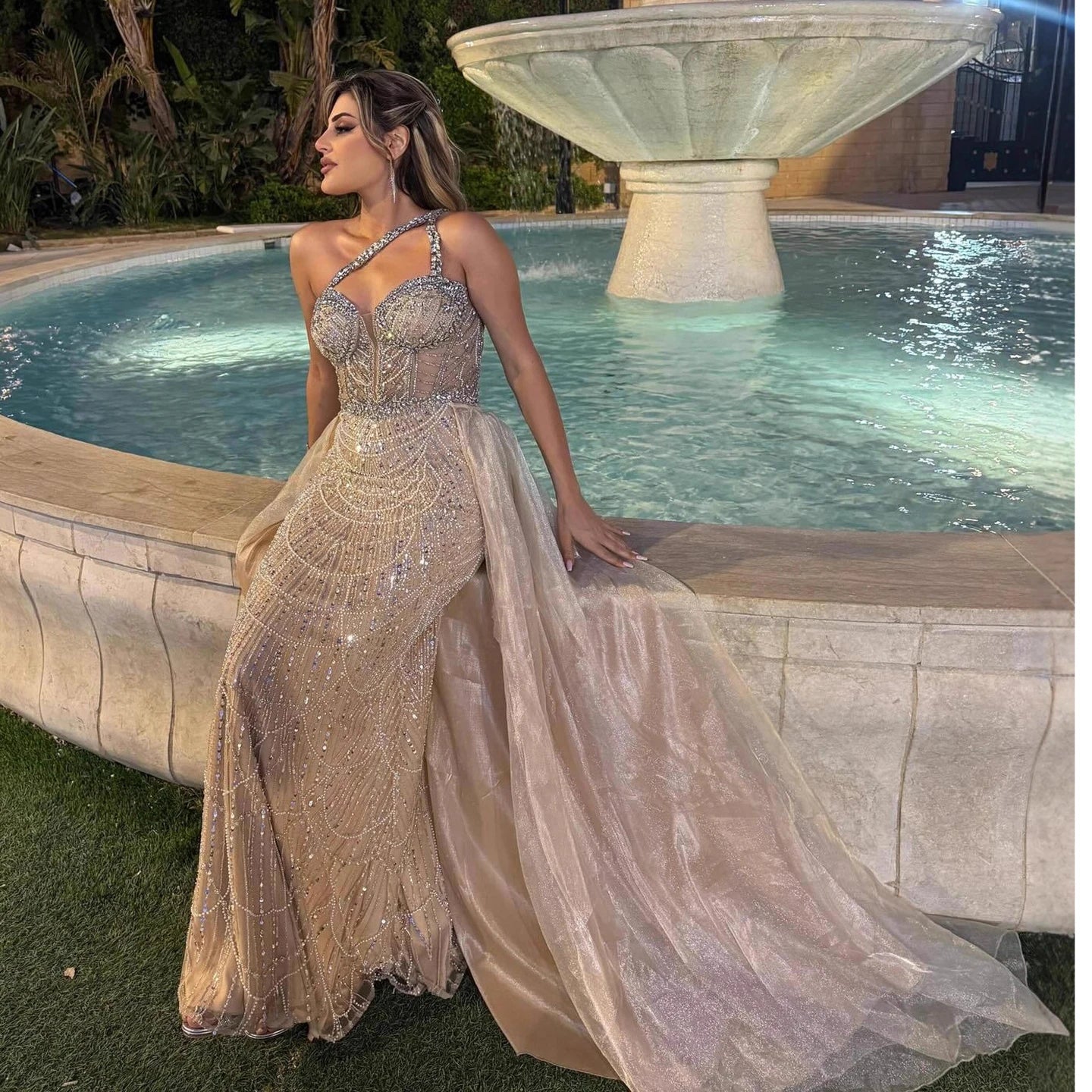 Luxury Nude One Shoulder Beaded Mermaid Evening Dress LA73358 - SERENE HILL