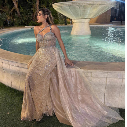 Luxury Nude One Shoulder Beaded Mermaid Evening Dress LA73358 - SERENE HILL