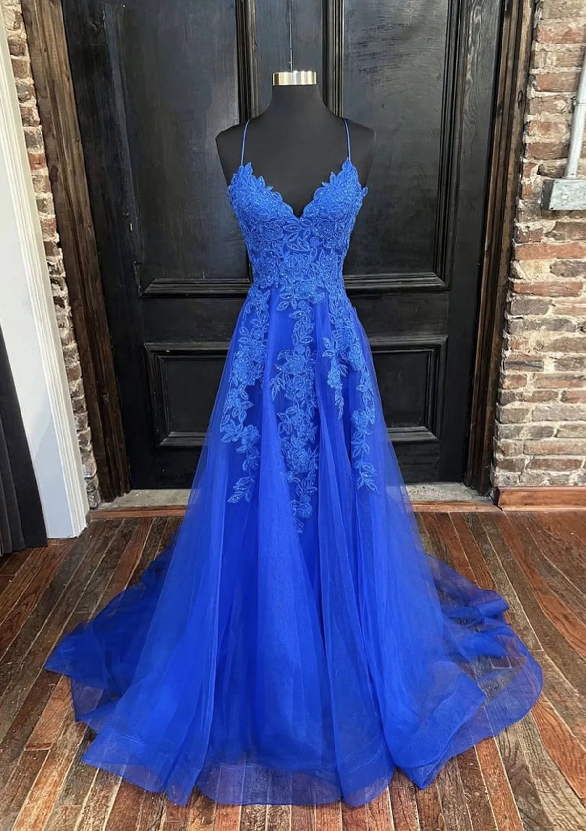 Serene Hill Arabic Blue A-Line Spaghetti Straps Tulle Prom Dress with Appliqués for Women&