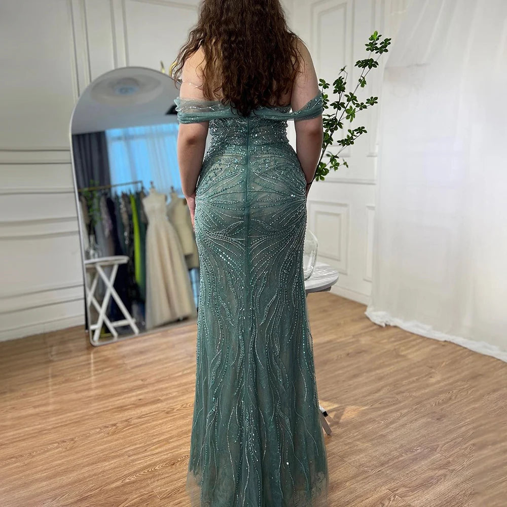 Serene Hill Green Luxury Mermaid Evening Dresses Gowns 2025 Cap Sleeves Beaded Elegant For Women Party LA71438 - SERENE HILL