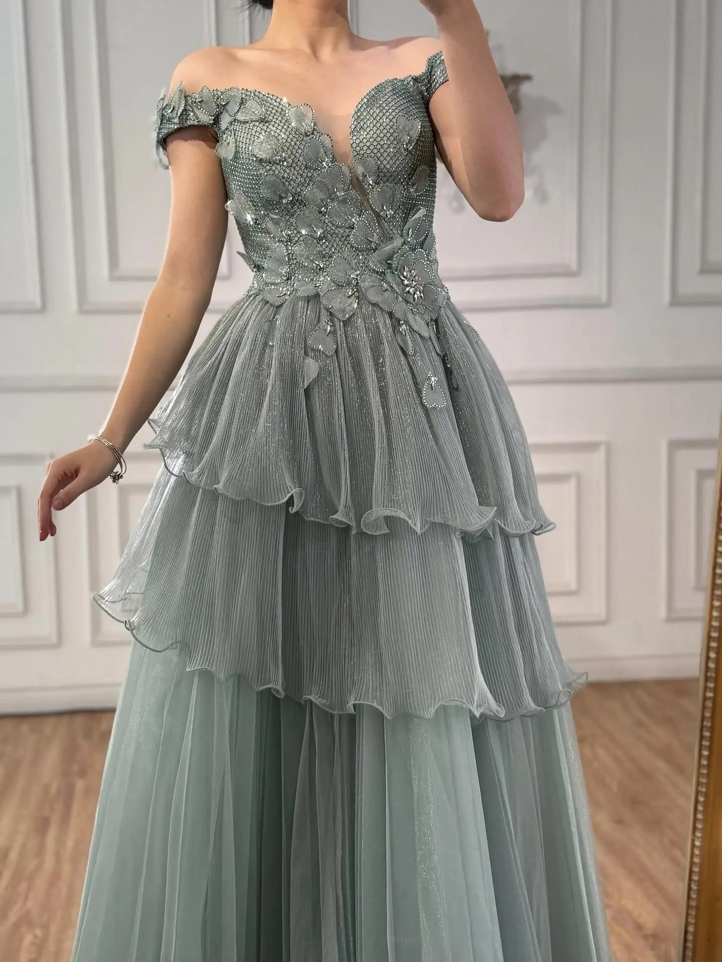 Luxury Pink Dreamy Ruffles Beaded A-Line Evening Dress LA73385 - SERENE HILL