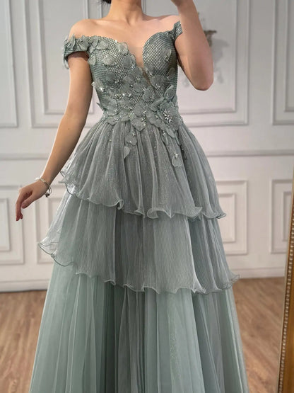 Luxury Pink Dreamy Ruffles Beaded A-Line Evening Dress LA73385 - SERENE HILL