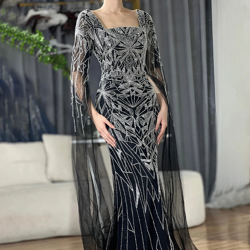 Luxury Dubai Arabic Nued Cape Sleeves Mermaid Saudi Evening Dresses Beaded Luxury Party Gowns for Formal Occasion LA72261B - Black / 10 Luxury Dubai Arabic Nued Cape Sleeves Mermaid Saudi Evening Dresses Beaded Luxury Party Gowns for Formal Occasion LA72261B - Black / 10