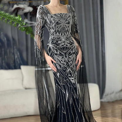 Luxury Dubai Arabic Nued Cape Sleeves Mermaid Saudi Evening Dresses Beaded Luxury Party Gowns for Formal Occasion LA72261B - SERENE HILL
