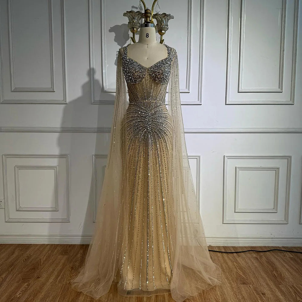 Luxury Nude Beaded Evening Dress with Cape Sleeves LA72575C - SERENE HILL