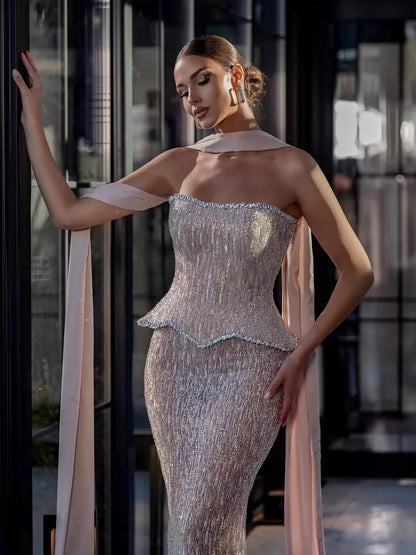Luxury Nude 2 Pieces Pearl Sequin Evening Dress with Scarf LA73076A - SERENE HILL