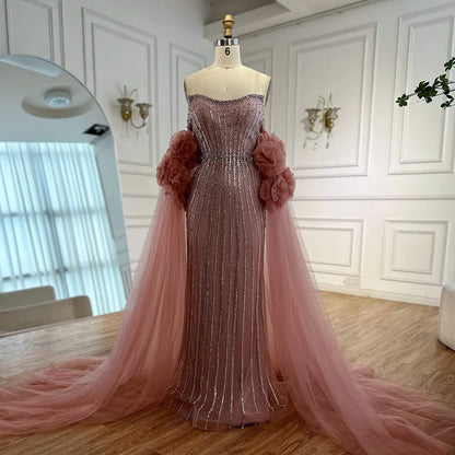Luxury Pink Beaded Mermaid Arabic Evening Dress with Cape LA73019 - SERENE HILL
