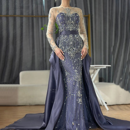 Luxury Dubai Blue Crystal Beaded Evening Dress with Overskirt LA72757 - SERENE HILL