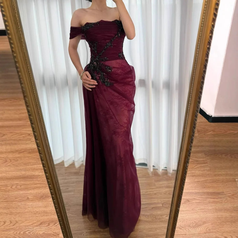 Elegant Wine Red Off Shoulder Lace Evening Dress with Appliques LA73010 - SERENE HILL
