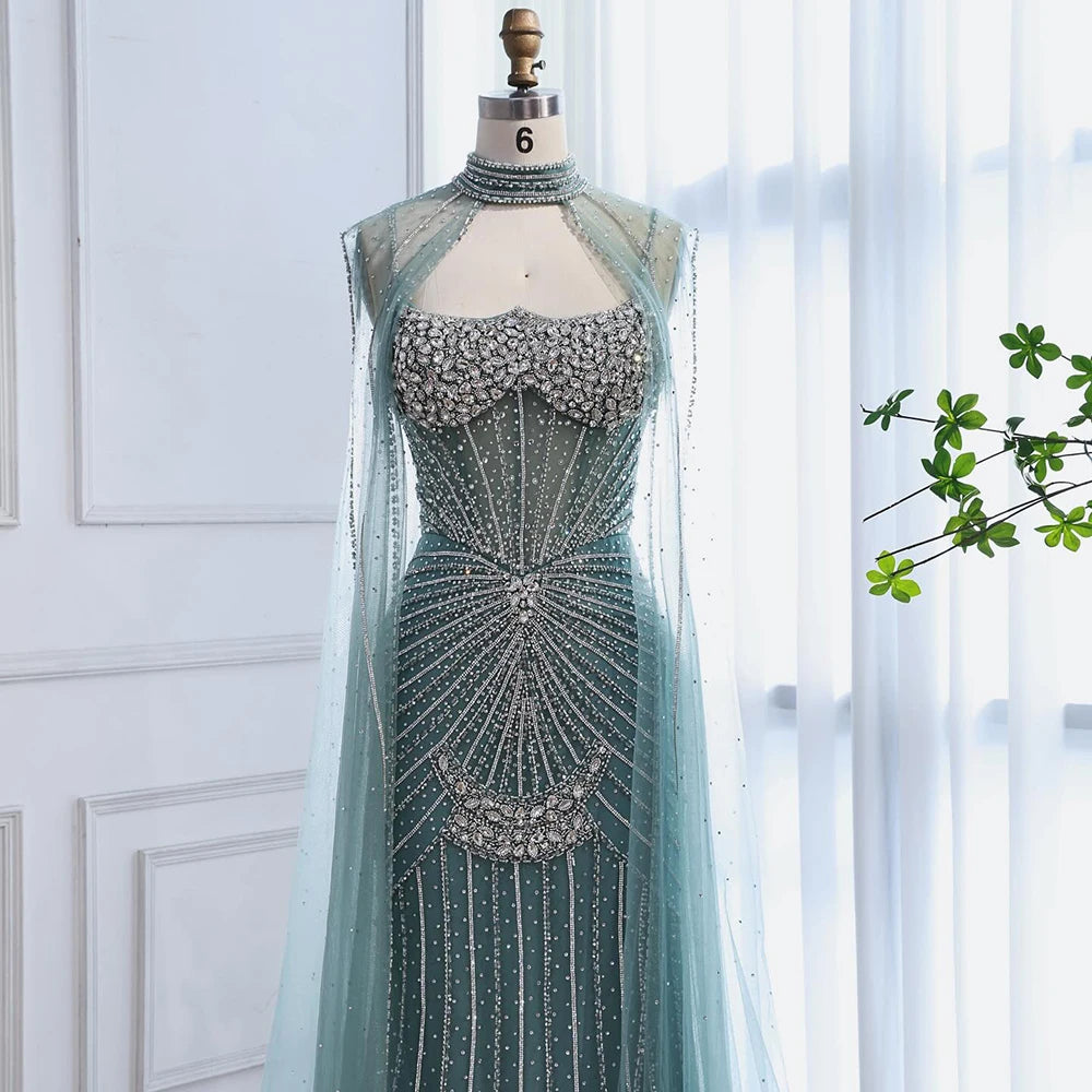 crystal-beaded cocktail dress Luxury Turquoise Crystal Beaded Evening Dress with Cape LA73202