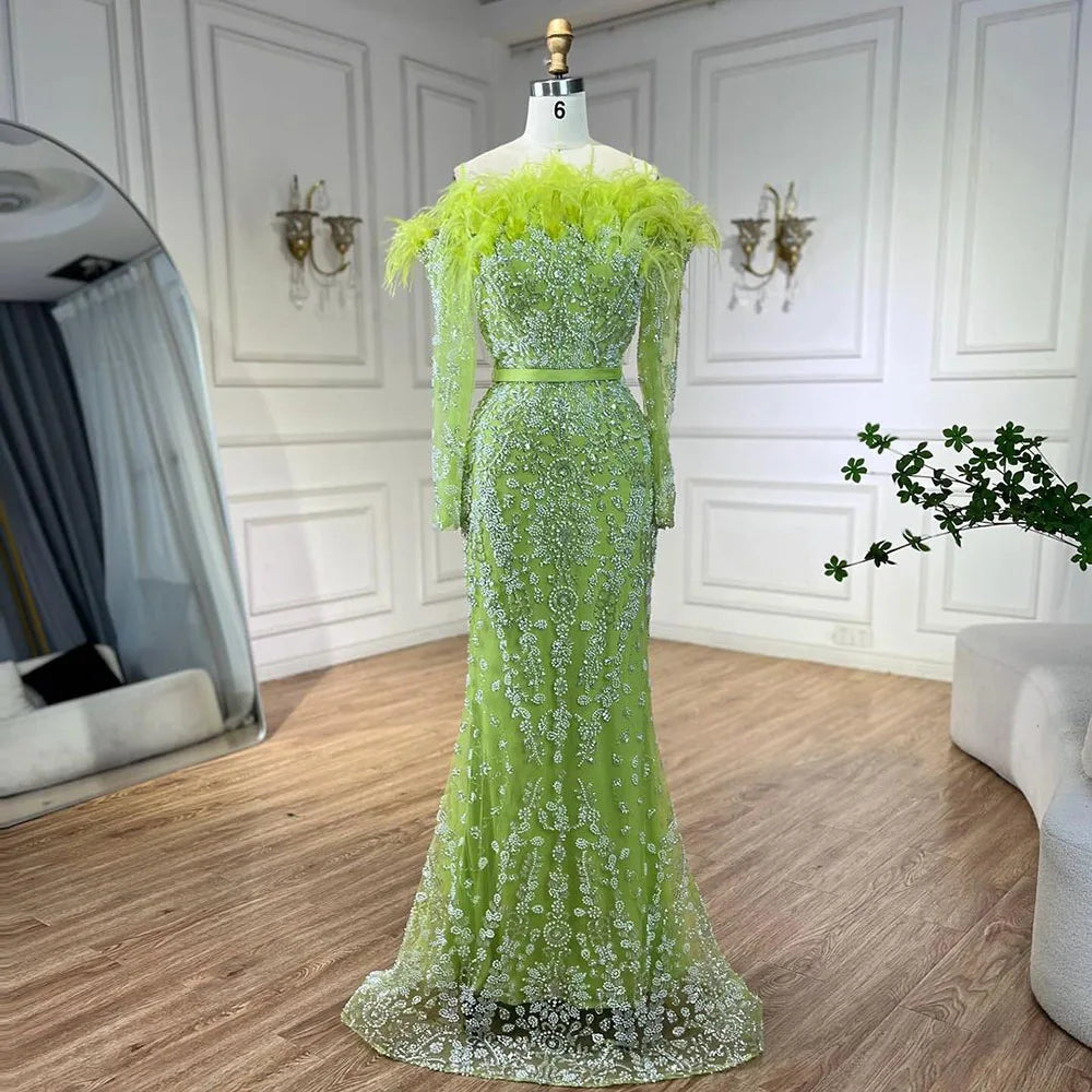 Luxury Dubai Green Long Sleeves Feathers Beaded Evening Dress LA72553 - SERENE HILL