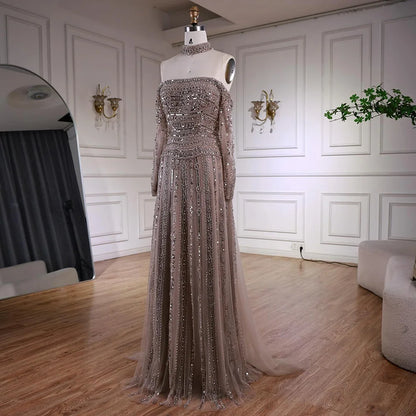 Luxury Caramel Off Shoulder Beaded Mermaid Evening Dress Long Sleeves LA73053 - SERENE HILL