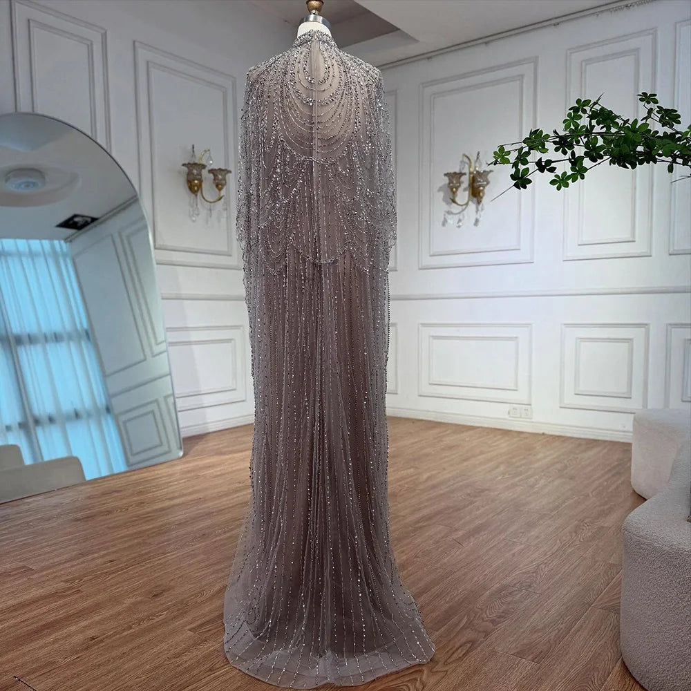 Luxury Silver Nude Beaded Mermaid Evening Dress with Cape LA72484A - SERENE HILL