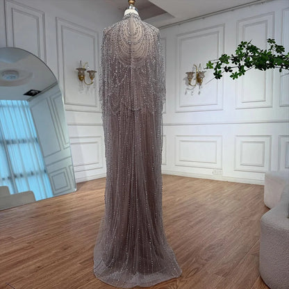 Luxury Silver Nude Beaded Mermaid Evening Dress with Cape LA72484A - SERENE HILL