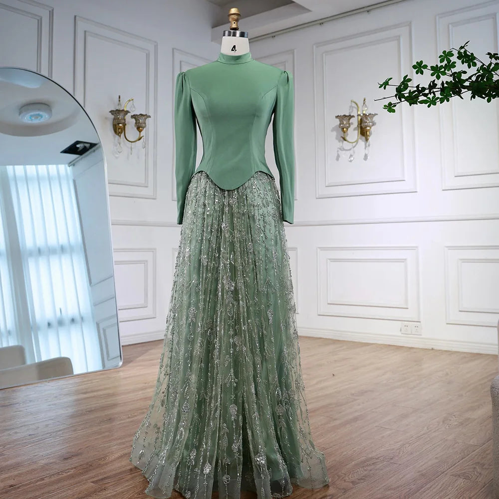 Luxury Sage Green Muslim Beaded Evening Dress LA72805A - SERENE HILL