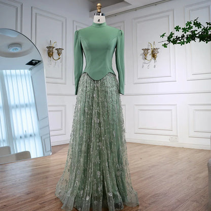 Luxury Sage Green Muslim Beaded Evening Dress LA72805A - SERENE HILL