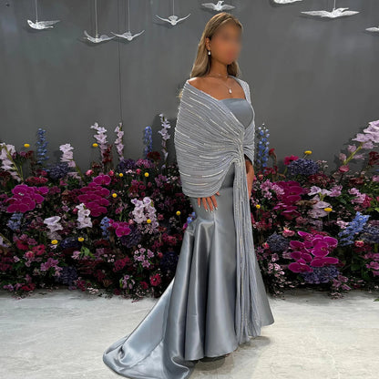 Luxury Dubai Grey Peach Arabic Evening Gown with Ruffles Shawl LA73270 - SERENE HILL