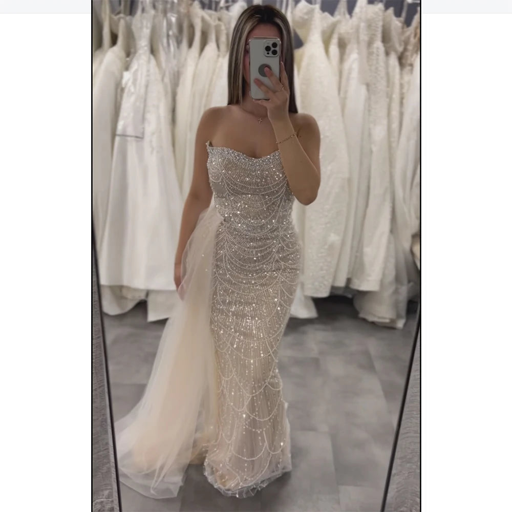 Luxury Dubai Nude Beaded Evening Gown with Sheer Side Train for Formal Occasion LA72886 - SERENE HILL