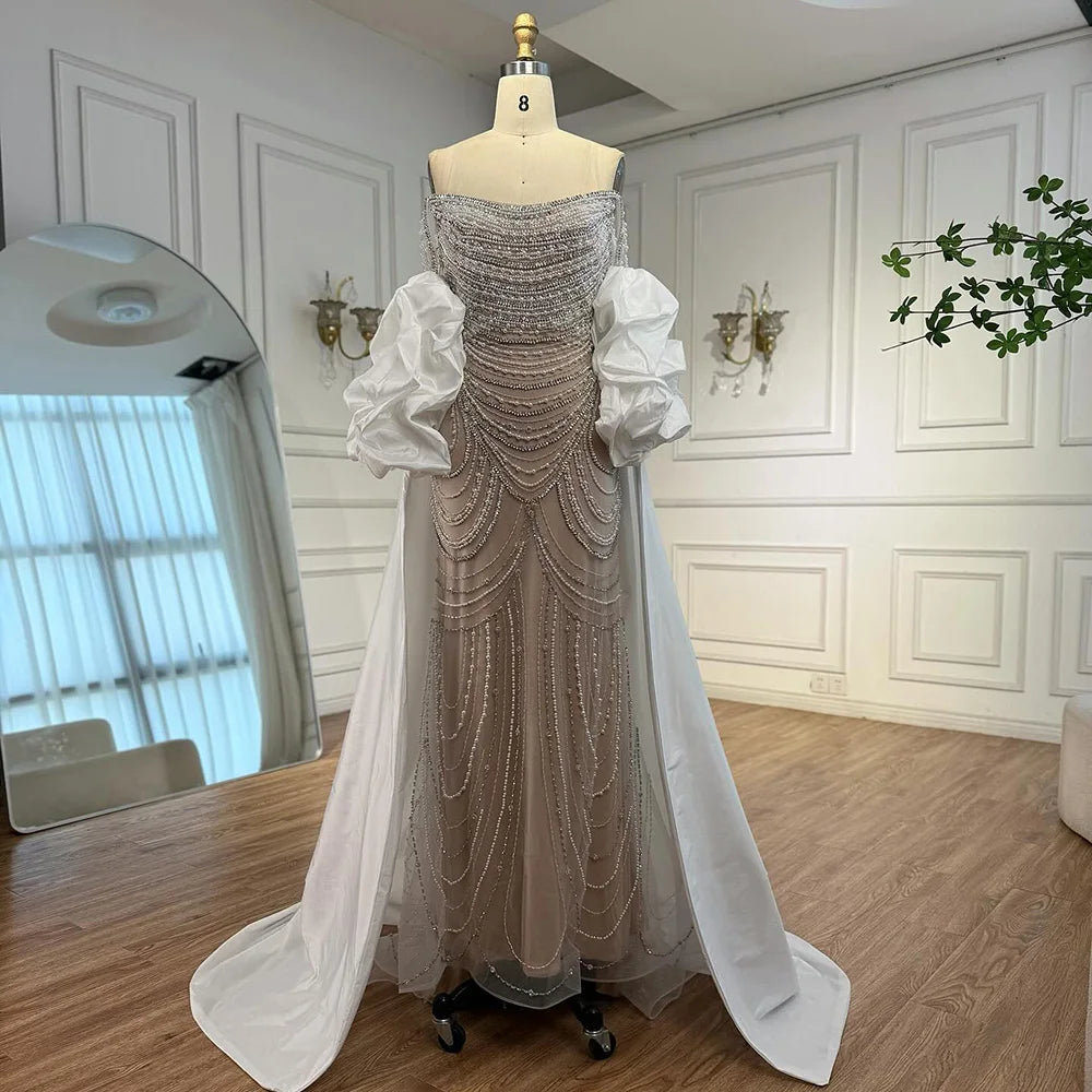 White Nude Beaded Mermaid Evening Dress with Satin Cape LA72253B - SERENE HILL