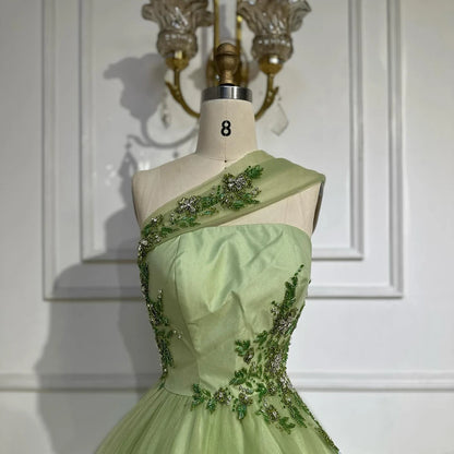 Luxury Dubai Sage Green Elegant One-Shoulder A-Line Appliques Long Arabic Evening Gown for Formal Occasion LA72783 - SERENE HILL