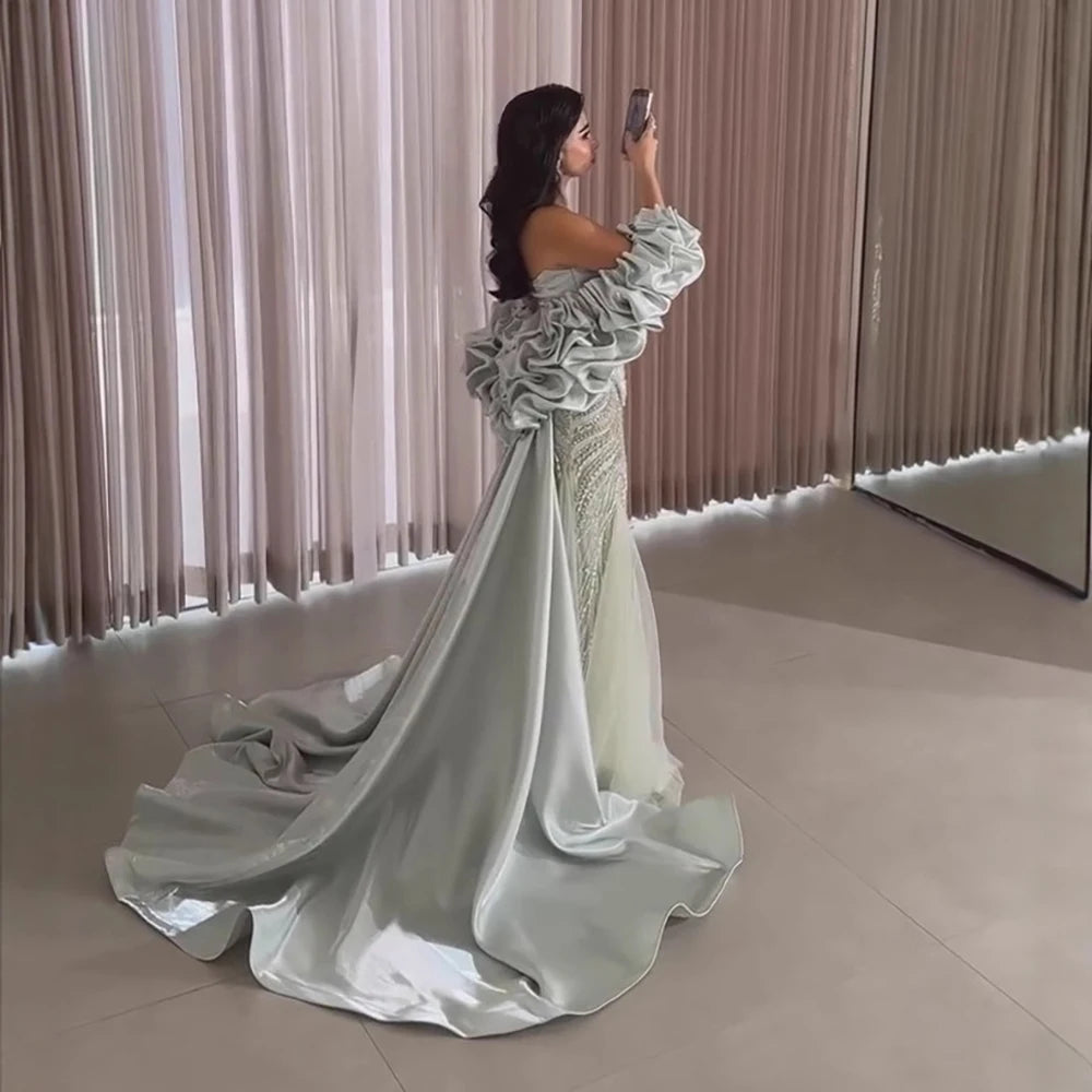 Luxury Sage Green Beaded Mermaid Evening Dress with Balloon Sleeves LA73201 - SERENE HILL