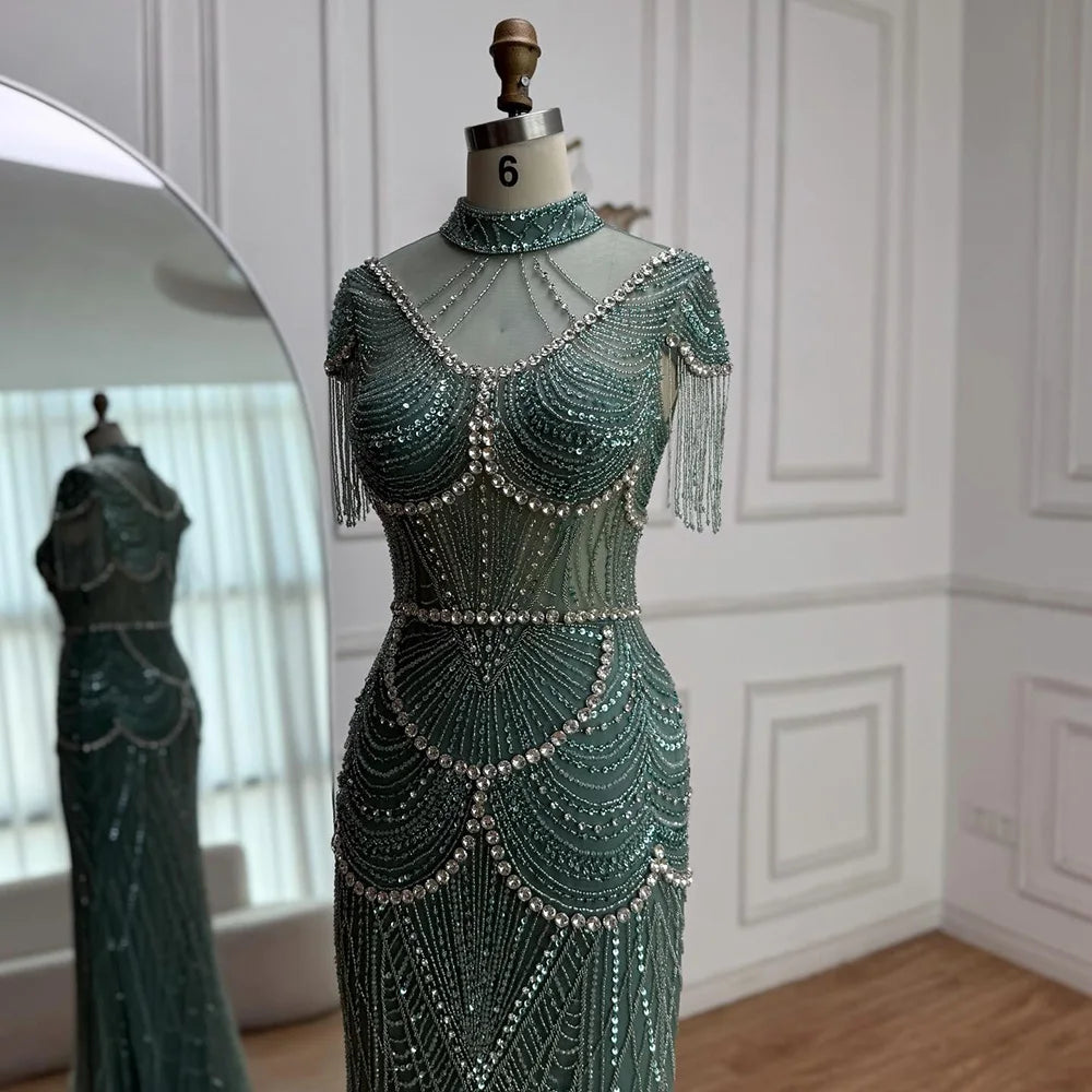 Luxury Turquoise High Neck Beaded Tassel Evening Dress for Women LA73112 - SERENE HILL