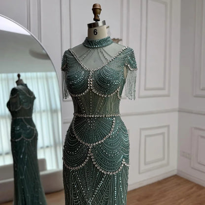 Luxury Turquoise High Neck Beaded Tassel Evening Dress for Women LA73112 - SERENE HILL