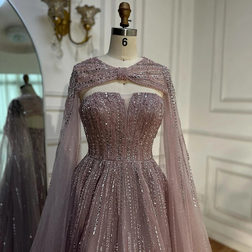 Serene Hill 2025 Arabic Blue Cape Sleeves A-Line Beaded Evening Dresses Long Celebrity Gowns for Women Wedding Party LA72427 - SERENE HILL