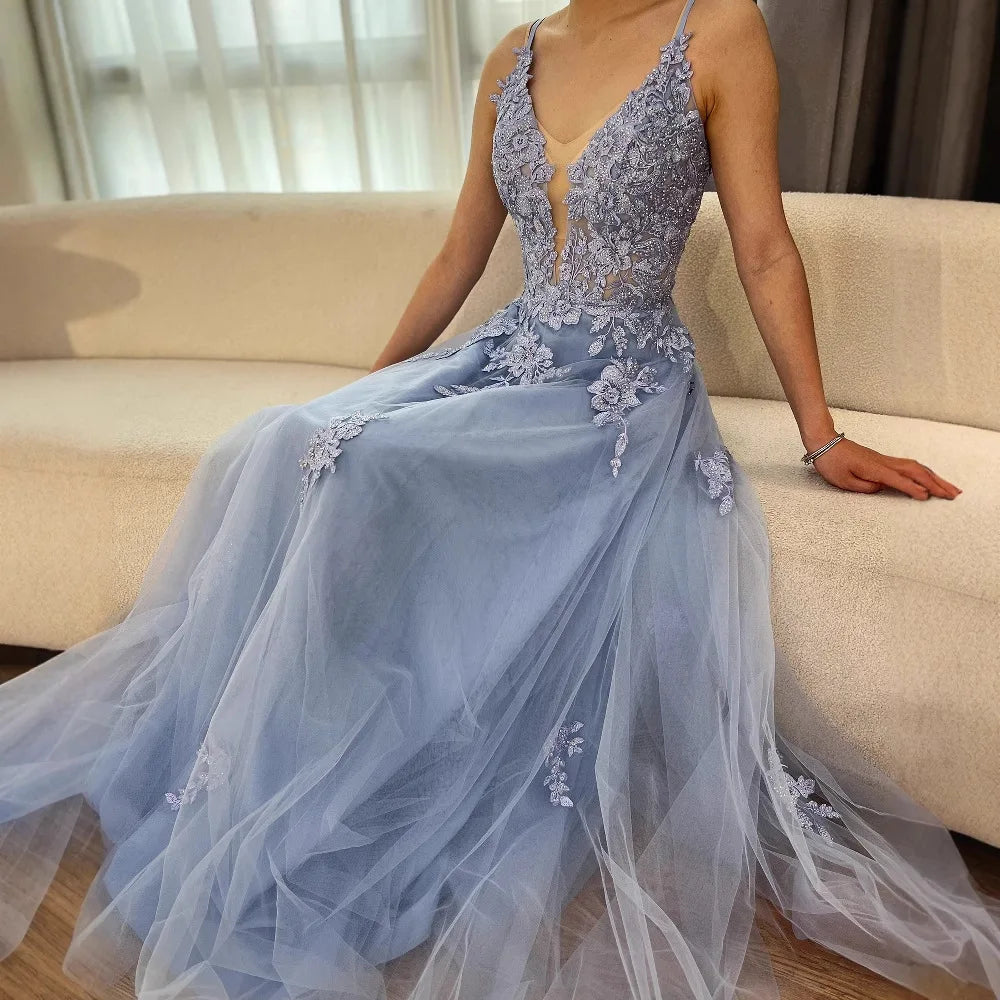 Luxury Sage Green Lace A-Line Prom Dress with Spaghetti Straps LA73005 - SERENE HILL