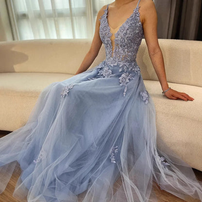 Luxury Sage Green Lace A-Line Prom Dress with Spaghetti Straps LA73005 - SERENE HILL