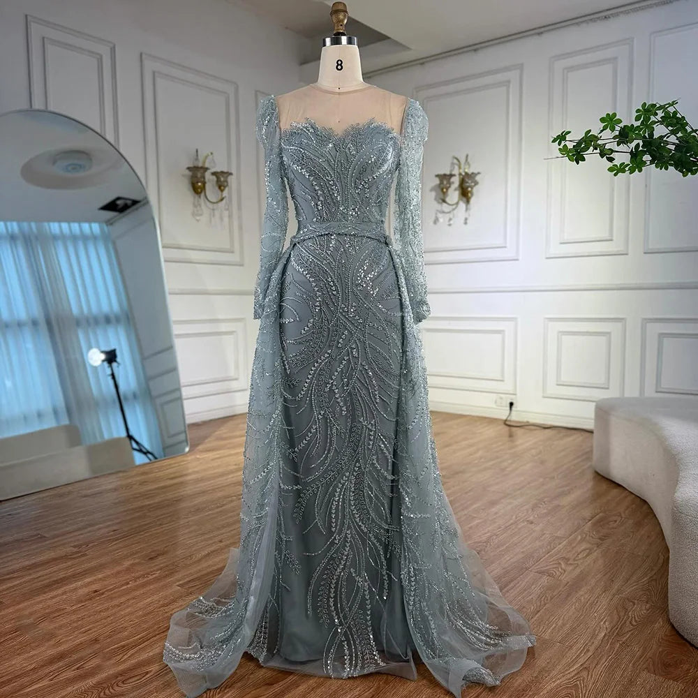 Luxury Sage Green Beaded Evening Dress with Detachable Overskirt LA73066 - SERENE HILL