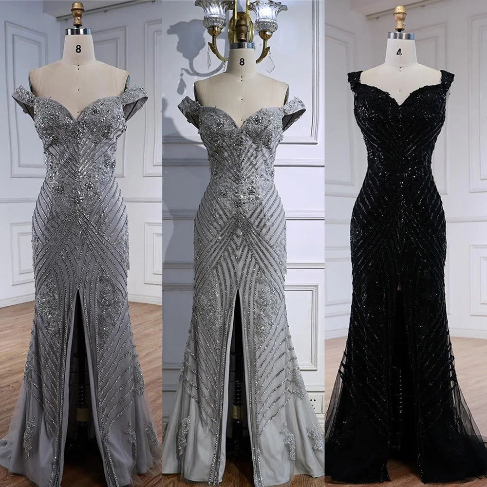 Luxury Silver Gray Off Shoulder Mermaid Evening Dress LA73018 - SERENE HILL