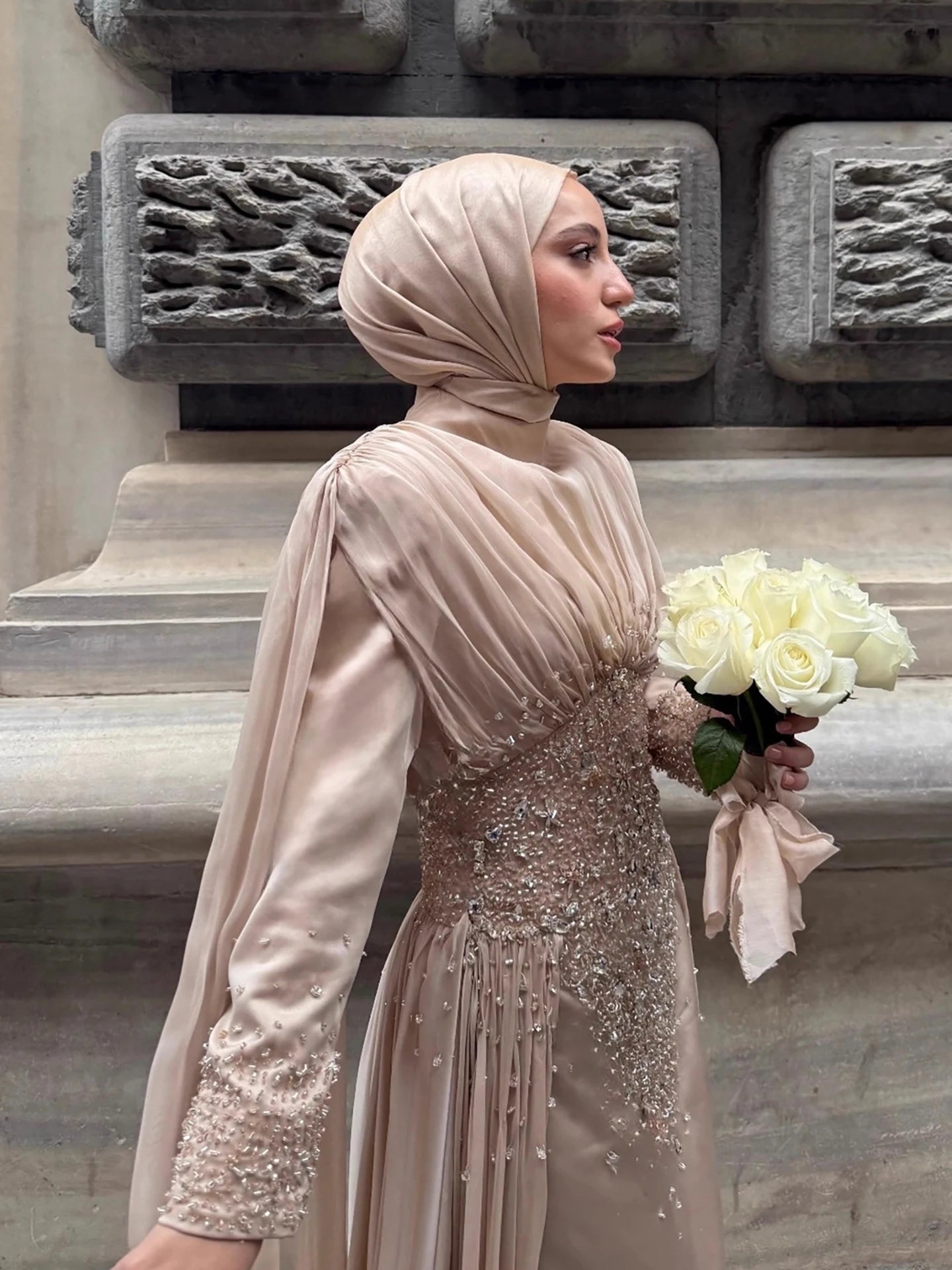 Luxury Caramel Crystal Beaded Mermaid Muslim Evening Dress LA73427 - SERENE HILL
