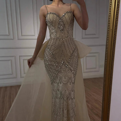 Luxury Pink Crystal Beaded Mermaid Evening Dress with Overskirt LA73143 - SERENE HILL