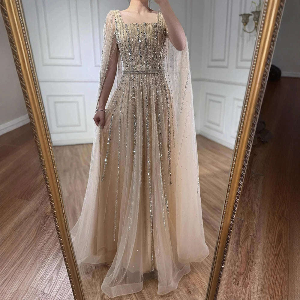 Luxury Dubai Square Neck Beaded Evening Gown with Cape LA73188 - SERENE HILL