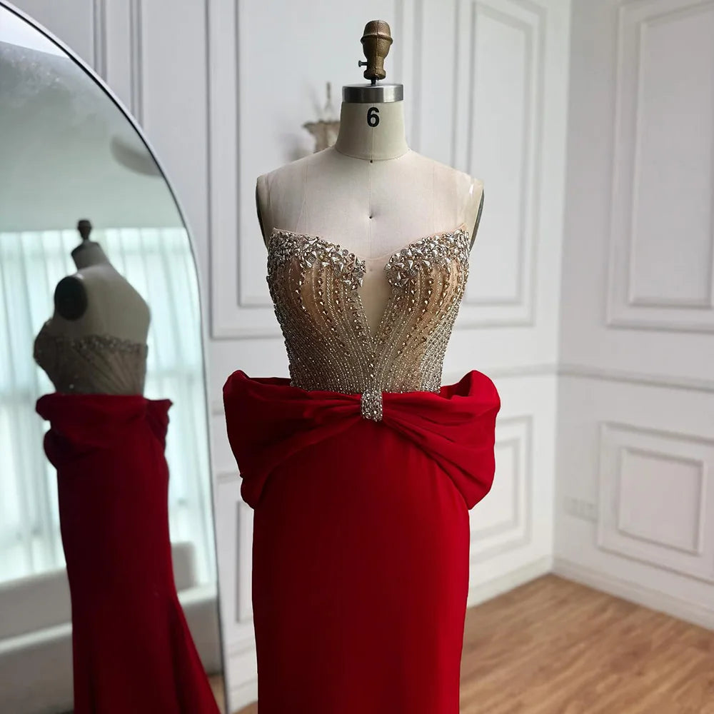 Designer Red Satin Evening Dress with Bow LA73060 - SERENE HILL