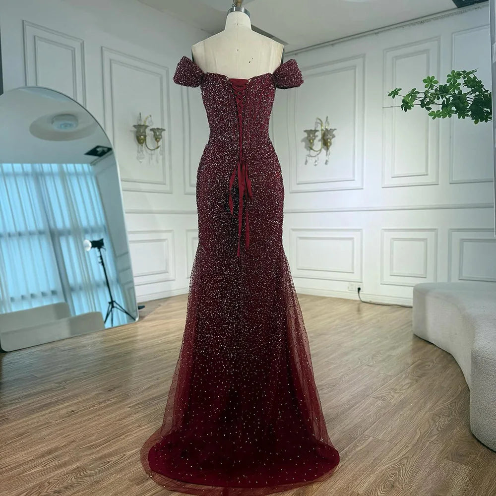 Luxury Designer Beaded Silver Nude Mermaid Evening Dress LA72905 - SERENE HILL