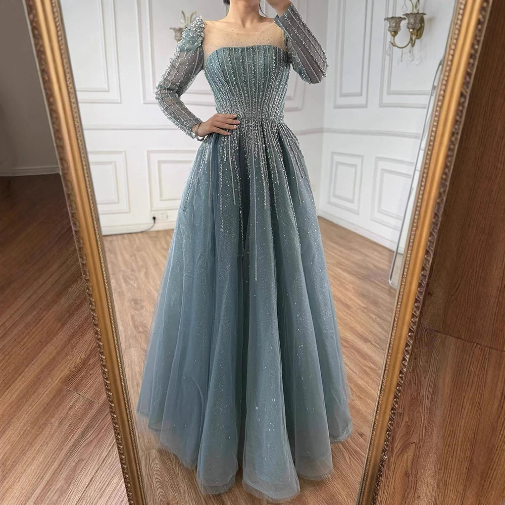 Luxury Arabic Turquoise A-Line Beaded Evening Dress LA72991A Turquoise / 10