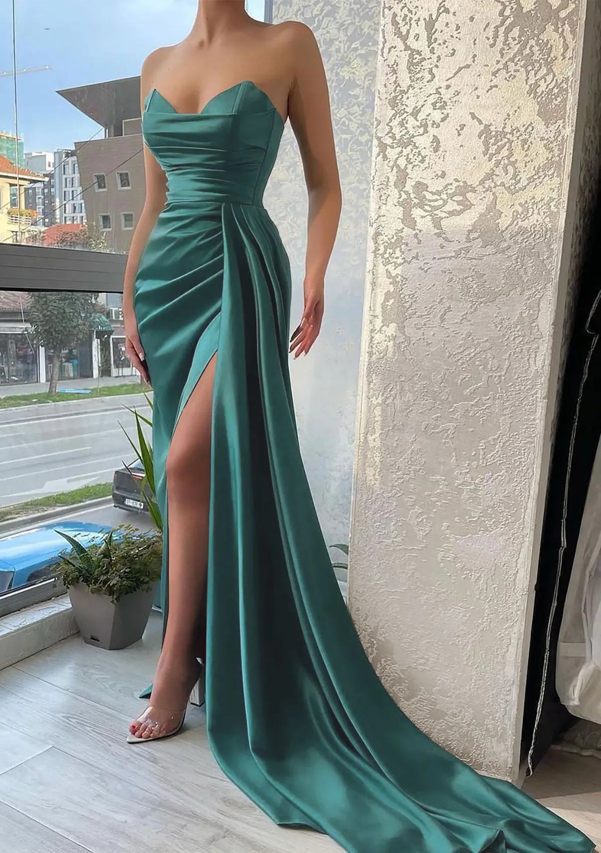 Serene Hill Arabic Green Mermaid Sweetheart Court Satin Prom Dress with Pleated Split for Women&