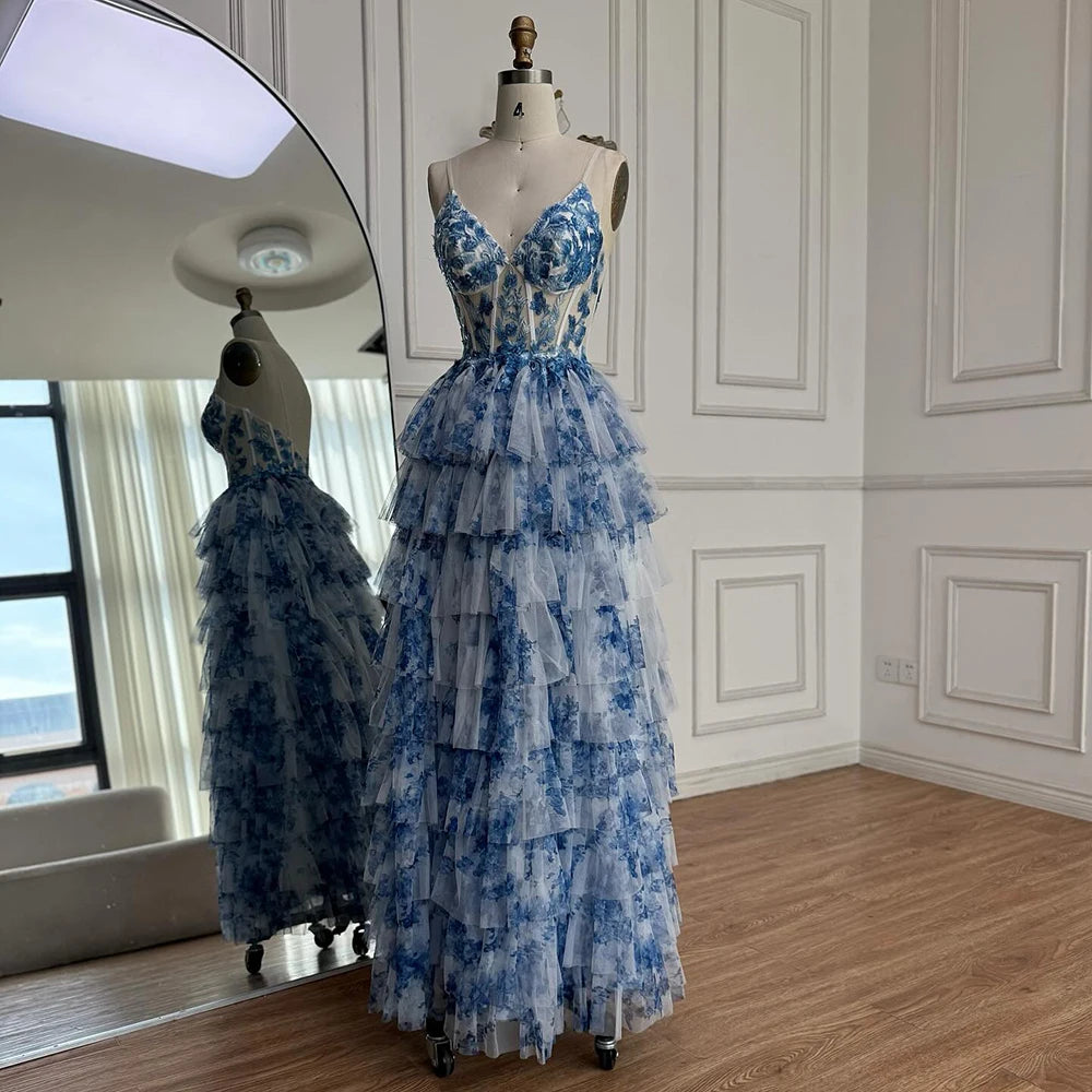 green emerald velvet dress Elegant Blue Tiered Spaghetti Strap A Line Evening Dress LA73171 Blue / 12