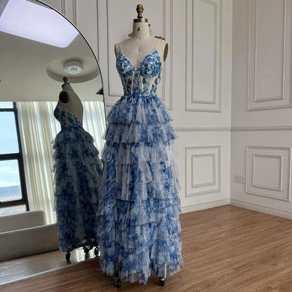 Serene Hill Spaghetti straps blue print floral Ruffle prom dress - SERENE HILL