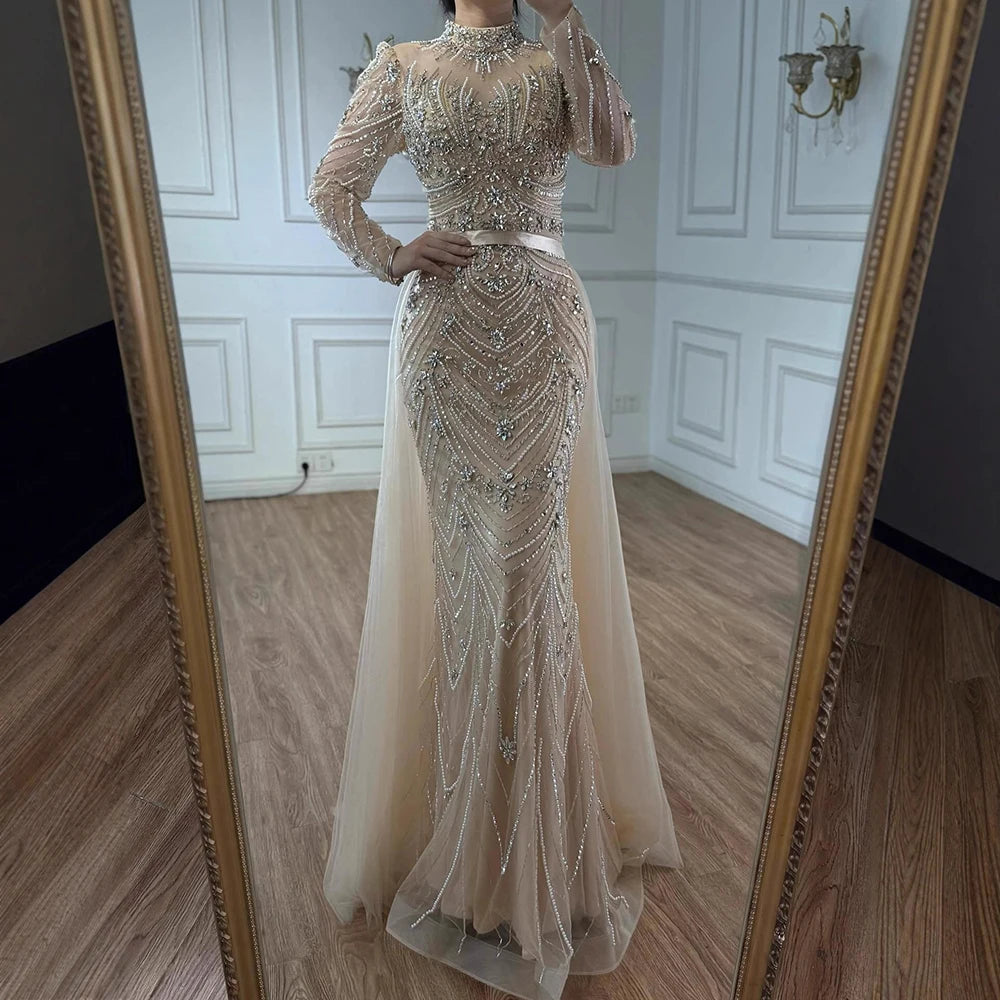 Luxury Pink Beaded Mermaid Evening Dress Long Sleeve LA73158 - SERENE HILL